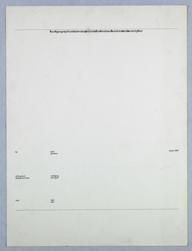 Cover, four typographical calendar pictures for nineteen hundred and seventy two