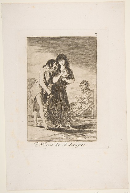 Even thus he cannot make her out (Ni asi la distingue), plate 7 from "Los Caprichos"