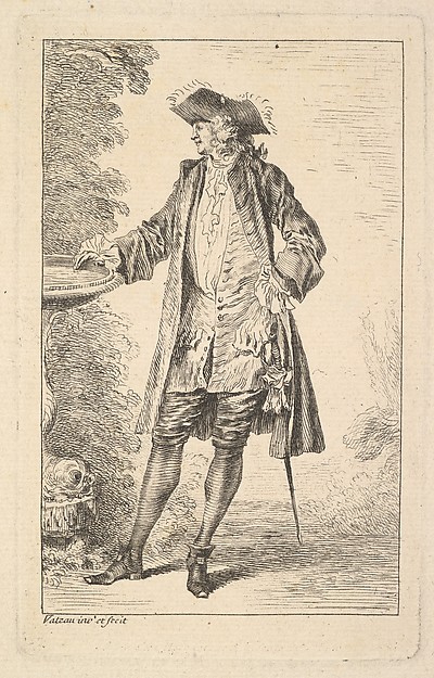 Standing man with his right hand resting on a basin, shown in three-quarters view with his head turned toward the left, from "Figures of Fashion" (Figures de Modes)
