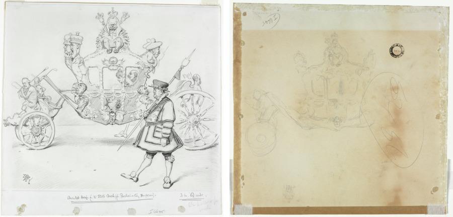 The Stagecoach for Parliamentary Purposes (recto) Study for Cab and Front Left Wheel of Coach and Study for Head of Crowned Figure Seated on Top of Coach (verso)