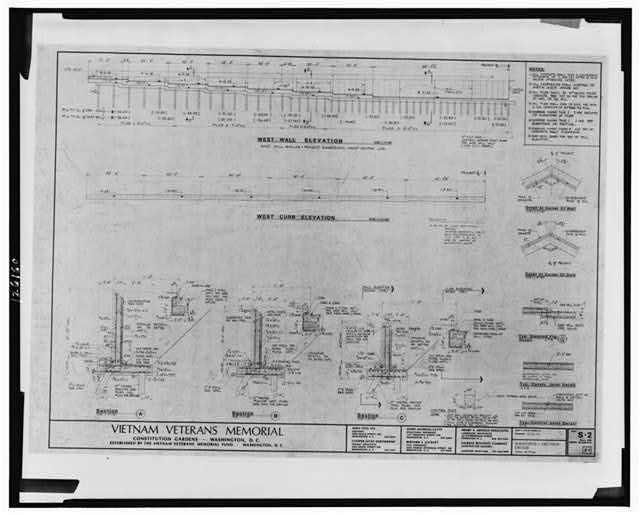 Vietnam Veterans Memorial, Constitution Gardens, established by the Vietnam Veterans Memorial Fund, Washington, D.C. Elevation, sections, and details.