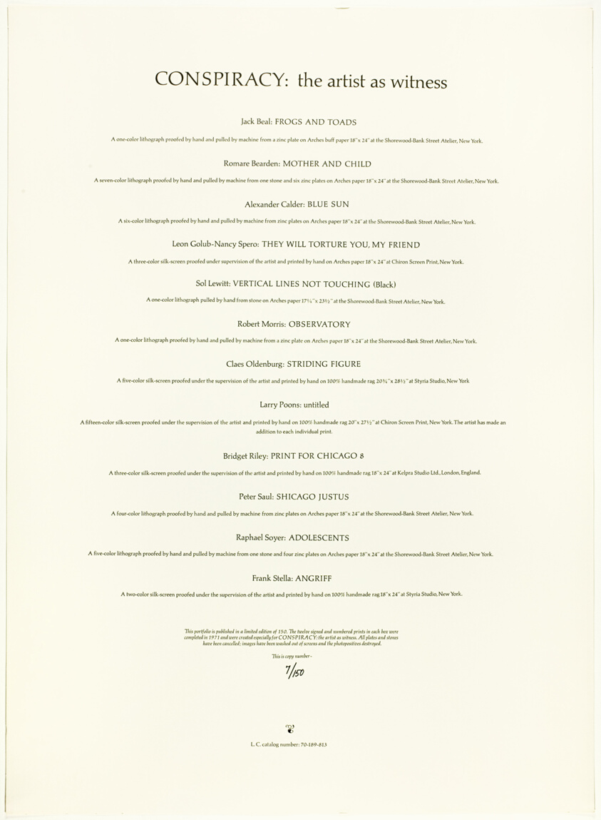 Colophon page, from Conspiracy, The Artist as Witness