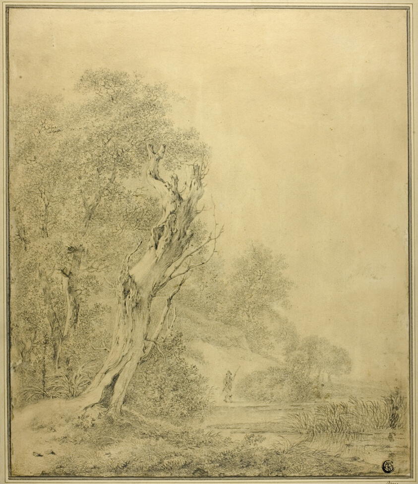 Dead Tree at Water's Edge, Figure Approaching with Pole